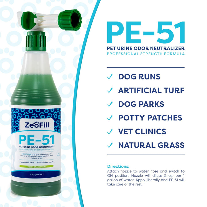 INFOGRAPHIC. PE-51 Pet Urine Odor Neutralizer - Professional strength formula. Can be used on dog runs, artificial turf, dog parks, potty patches, vet clinics, natural grass. DIRECTIONS: Attached nozzle to water hose and switch to ON position. Nozzle will dilute 2oz. per 1 gallon of water. Apply liberally and PE-51 will take care of the rest!